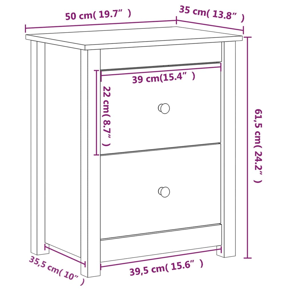 Nattbord 2 stk grå 50x35x61,5 cm heltre furu